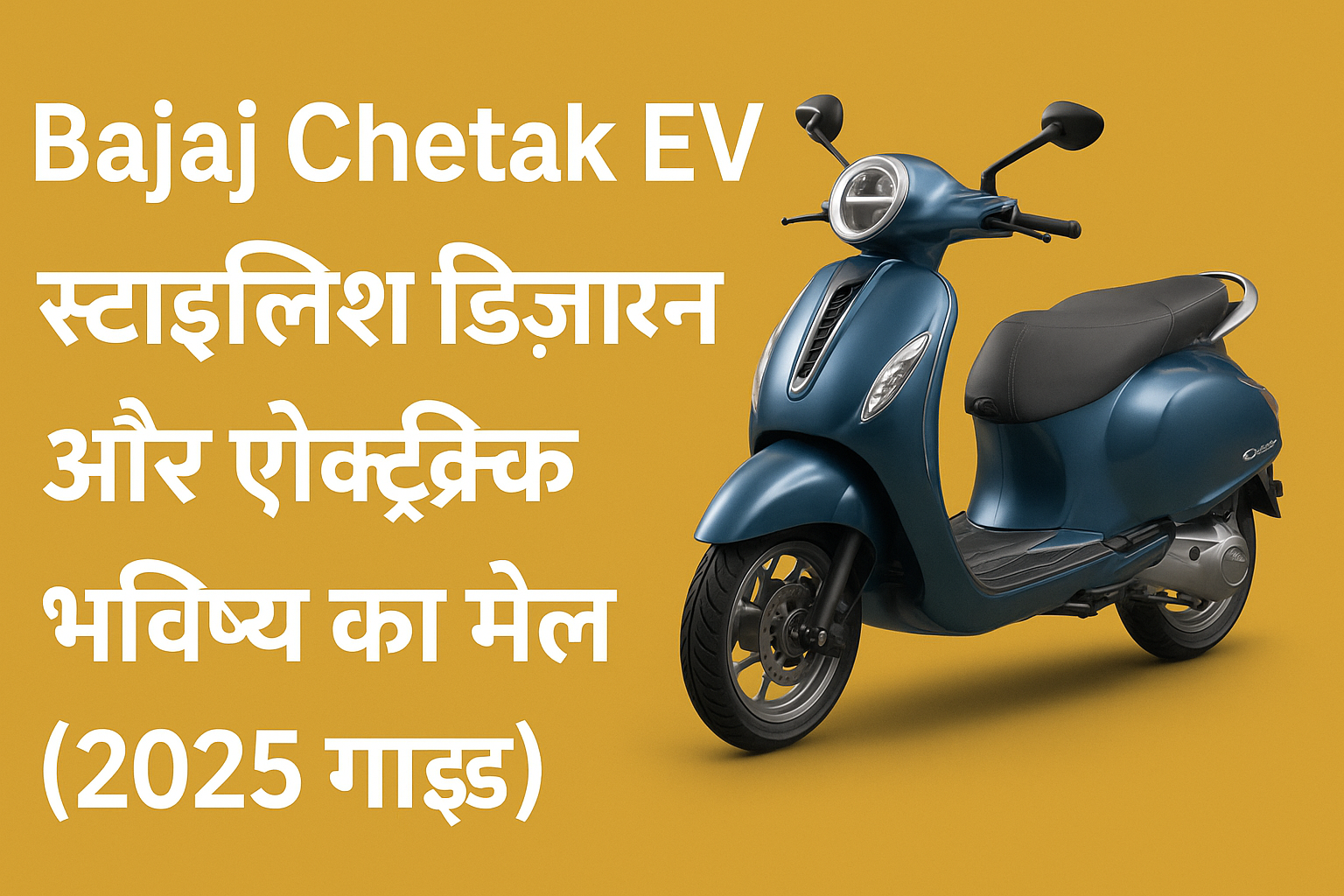 Bajaj Chetak EV स्कूटर एक स्टाइलिश डिज़ाइन में, पीले बैकग्राउंड पर खड़ा हुआ है जिसमें हिंदी में 2025 गाइड लिखा हुआ है।