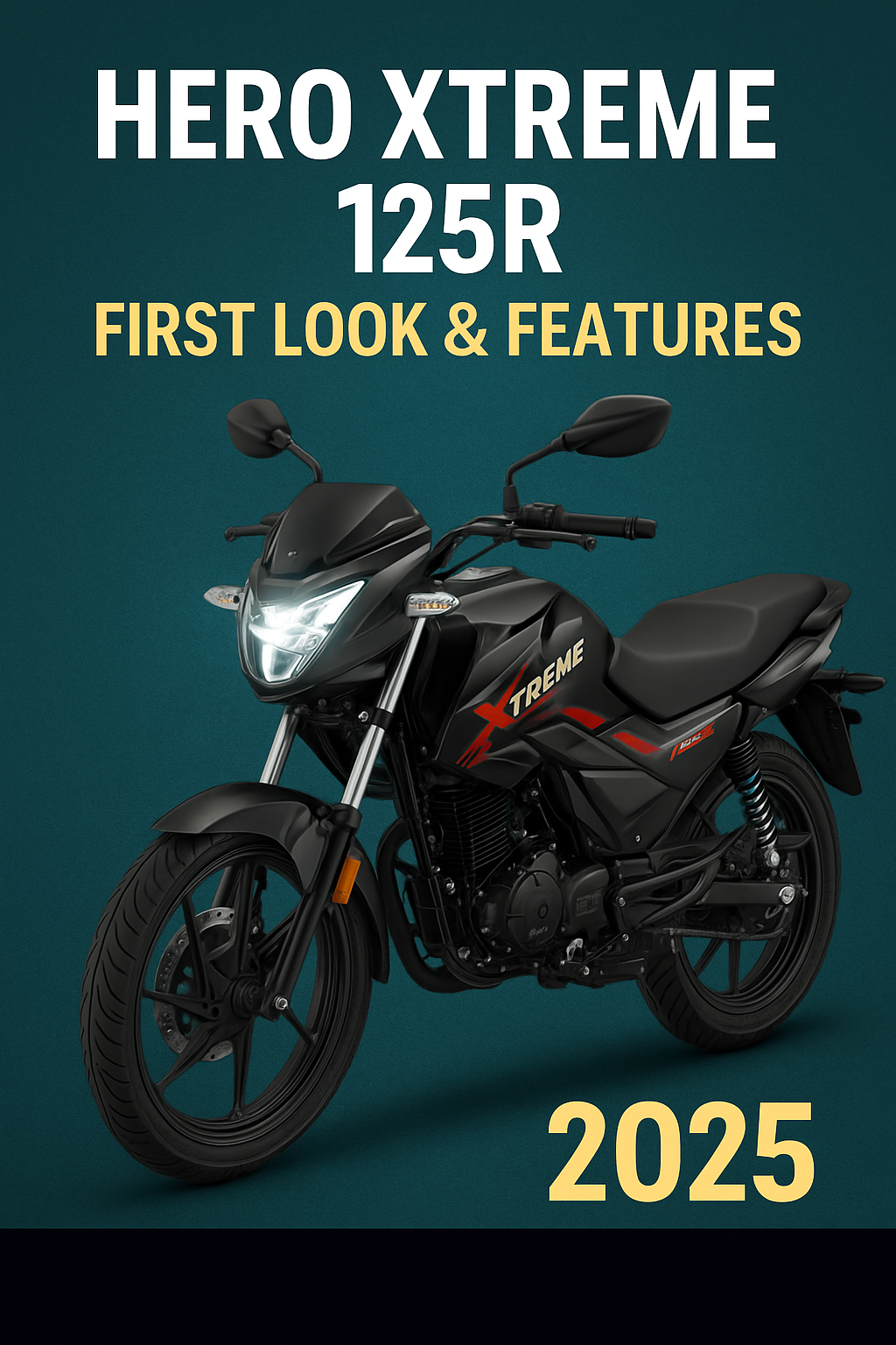 Hero Xtreme 125R 2025 का डिजिटल इमेज, जिसमें बाइक का फ्रंट और साइड प्रोफाइल दिखाया गया है।