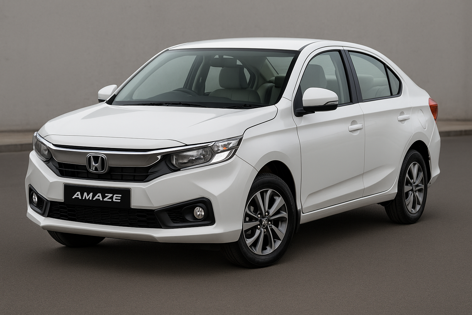 "Honda Amaze 2025 Front Side View in White with LED Headlamps and Alloy Wheels"