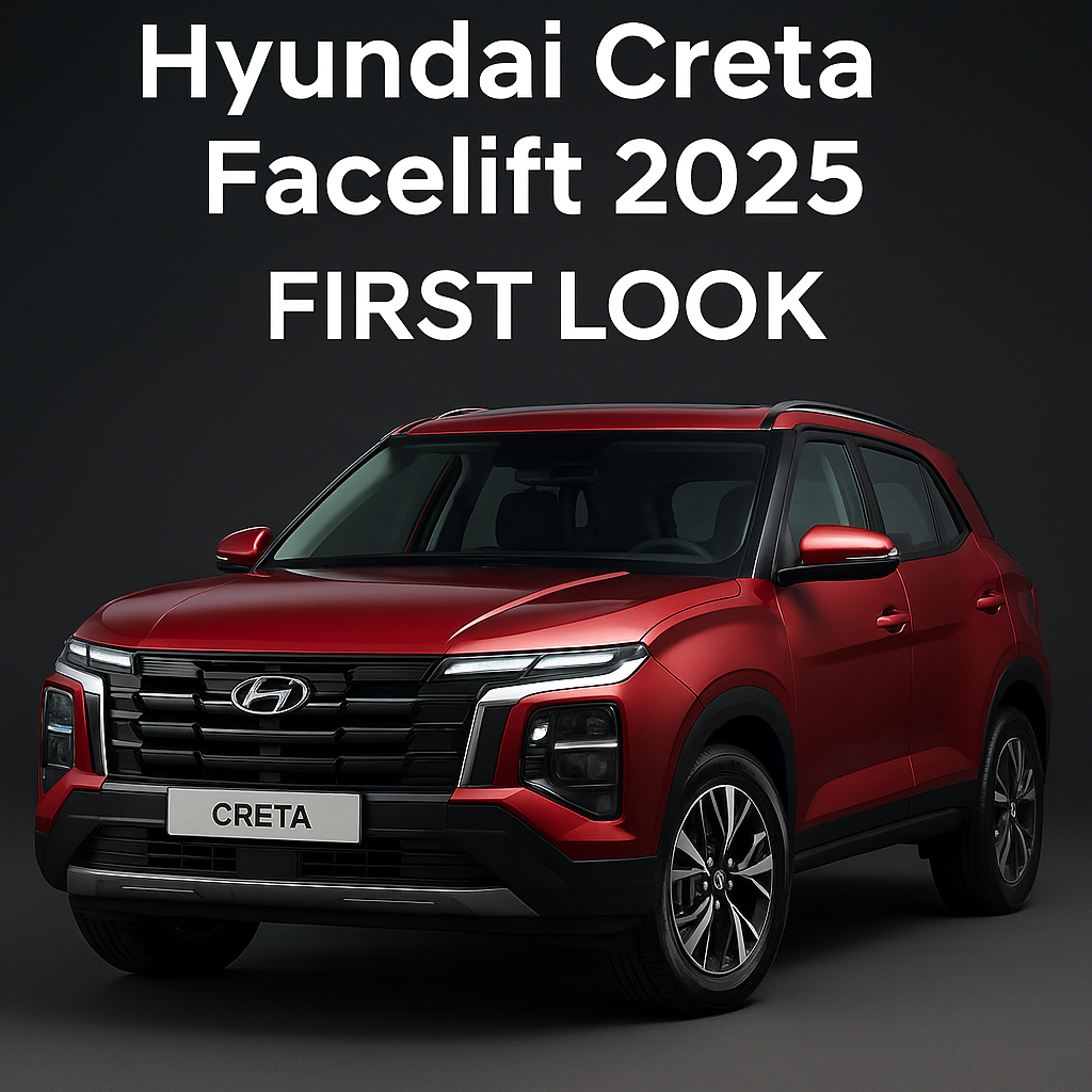 Hyundai Creta Facelift 2025 की पहली झलक जिसमें नया ग्रिल, LED हेडलाइट्स और रेड कलर की बॉडी दिख रही है।