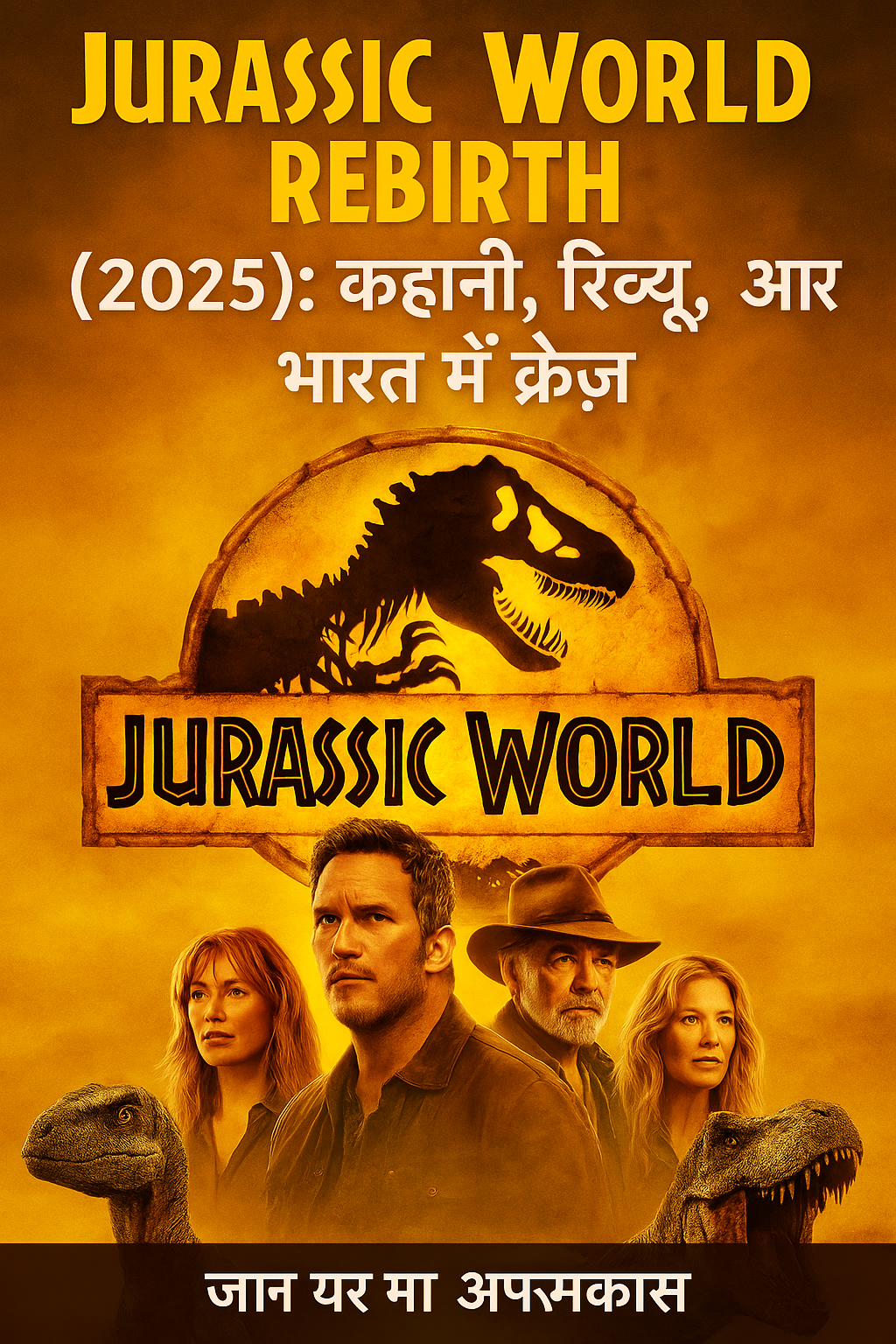Jurassic World Rebirth (2025) के लिए हिंदी-इंग्लिश मिक्स पोस्टर जिसमें डायनासोर, मुख्य कलाकार और जलती हुई पृष्ठभूमि दिखाई गई है।