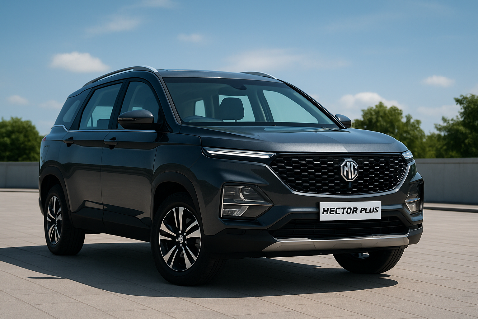 MG Hector Plus 6-Seater SUV in Dark Metallic Grey with LED Headlights and Bold Front Design