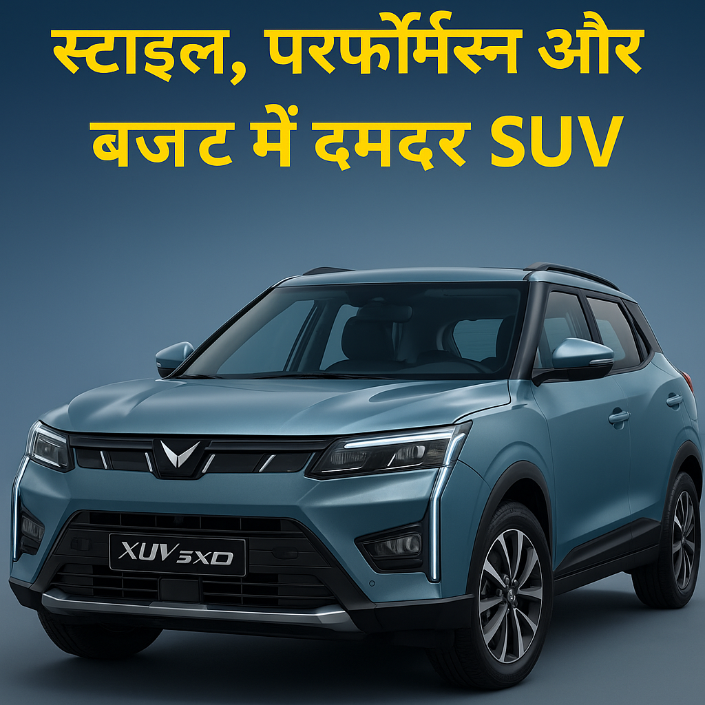 Mahindra XUV 3XO ES SUV metallic blue color में, पीछे ग्रेडिएंट नीला बैकग्राउंड और ऊपर हिंदी टेक्स्ट “स्टाइल, परफॉर्मन्स और बजट में दमदार SUV”