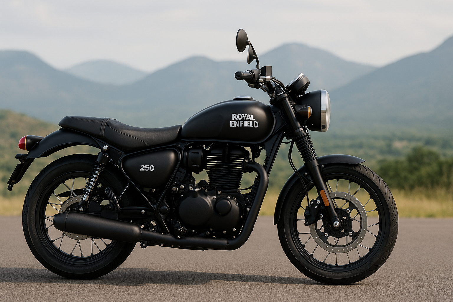 Royal Enfield 250cc की पूरी बाइक पहाड़ों के बैकग्राउंड में खड़ी है