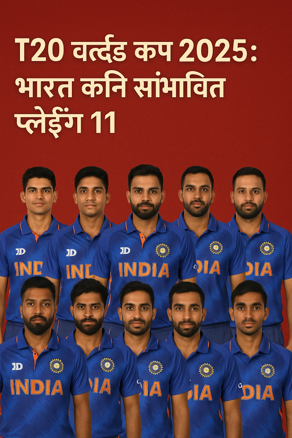 T20 वर्ल्ड कप 2025 के लिए भारत की संभावित प्लेइंग 11 के खिलाड़ियों की डिजिटल ग्राफिक फोटो, जिसमें सभी खिलाड़ी नीली भारतीय जर्सी में नजर आ रहे हैं।