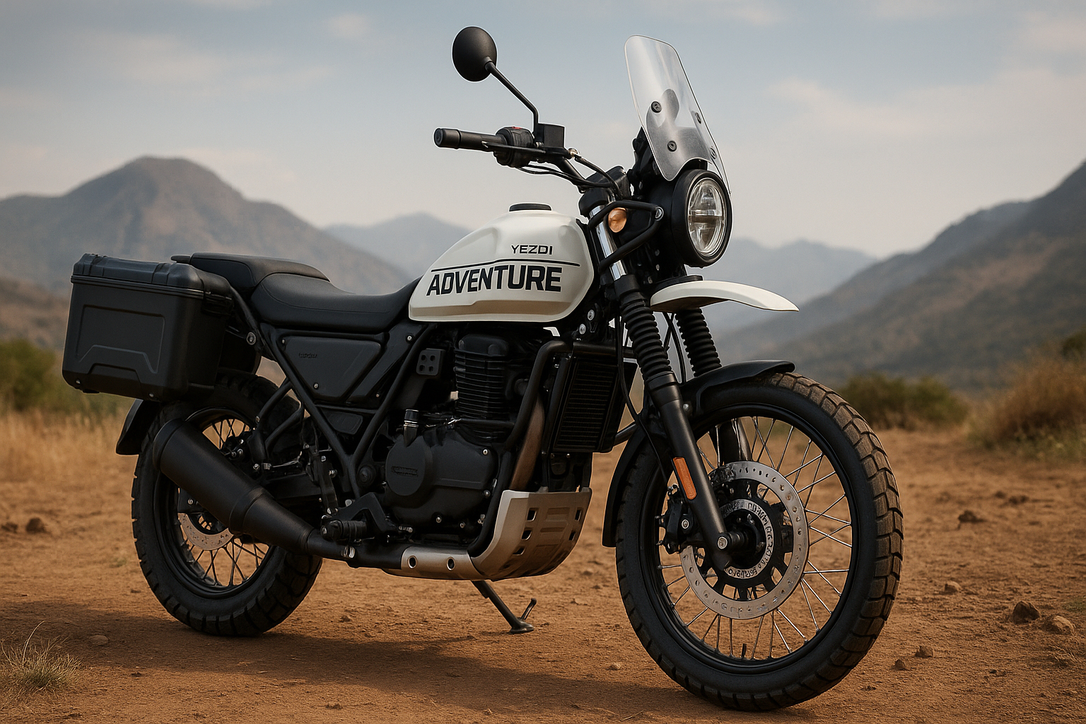 Yezdi Adventure 2025 बाइक पहाड़ी इलाके में ऑफ-रोडिंग लुक के साथ