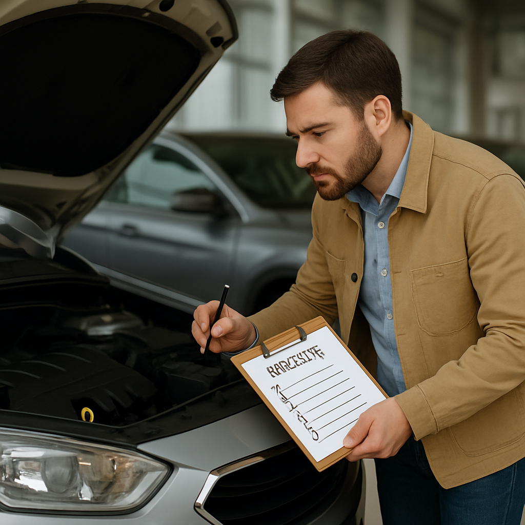 Used Car खरीदने से पहले गाड़ी की इंजन और बॉडी की जांच करता हुआ व्यक्ति