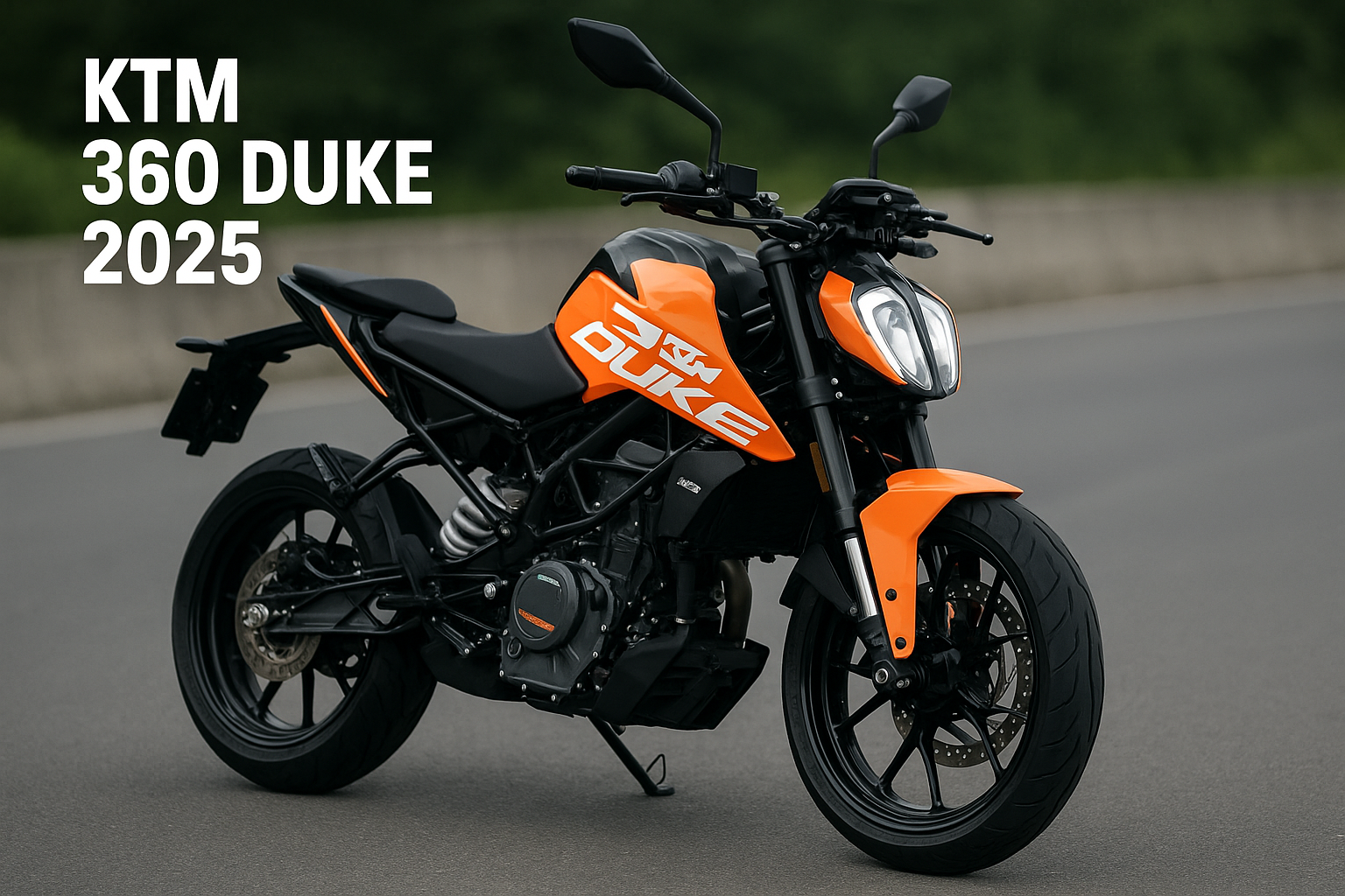 KTM 360 Duke 2025 ऑरेंज-ब्लैक कलर में सड़क पर खड़ी हुई