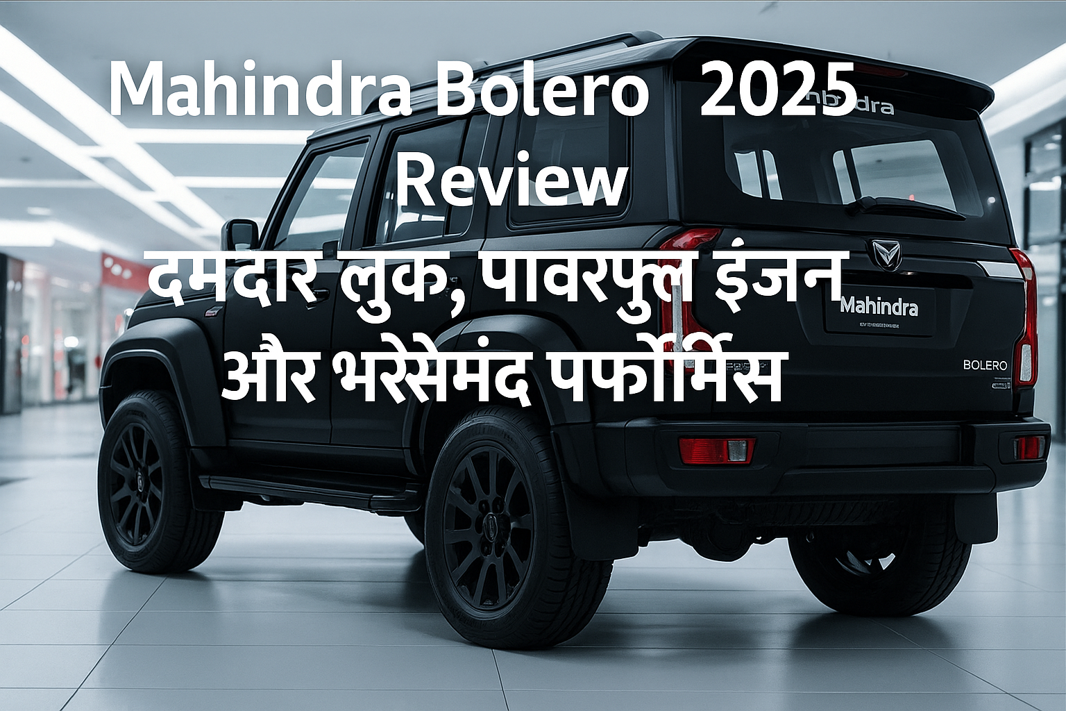 "Mahindra Bolero 2025 in showroom – black SUV with bold design, alloy wheels, and Hindi review text overlay"