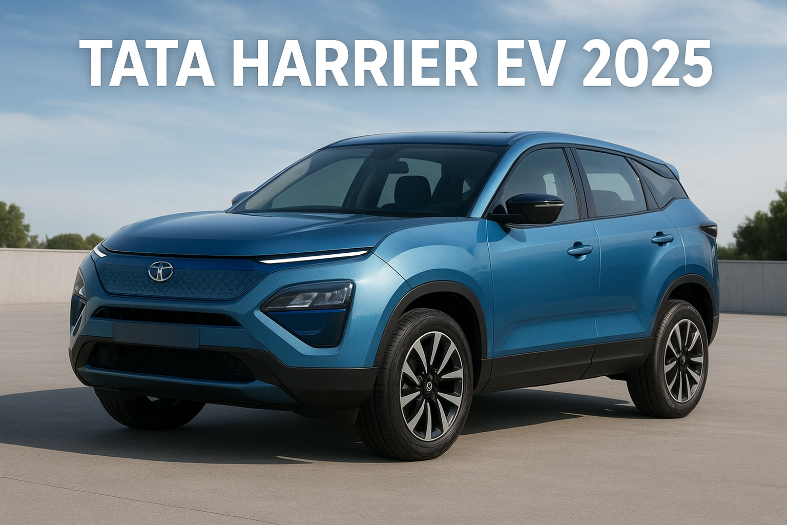 टाटा हैरियर EV 2025 इलेक्ट्रिक SUV नीले रंग में, मॉडर्न डिजाइन और LED हेडलाइट्स के साथ